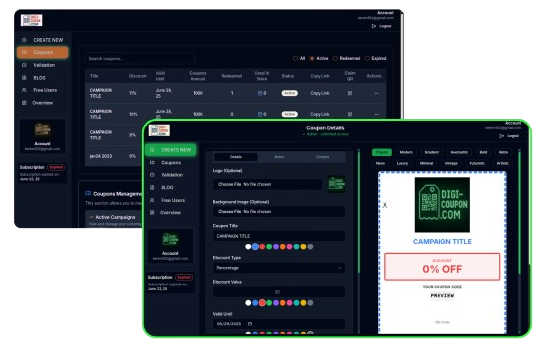 Digi-Coupon Dashboard Preview - Create and manage digital coupons