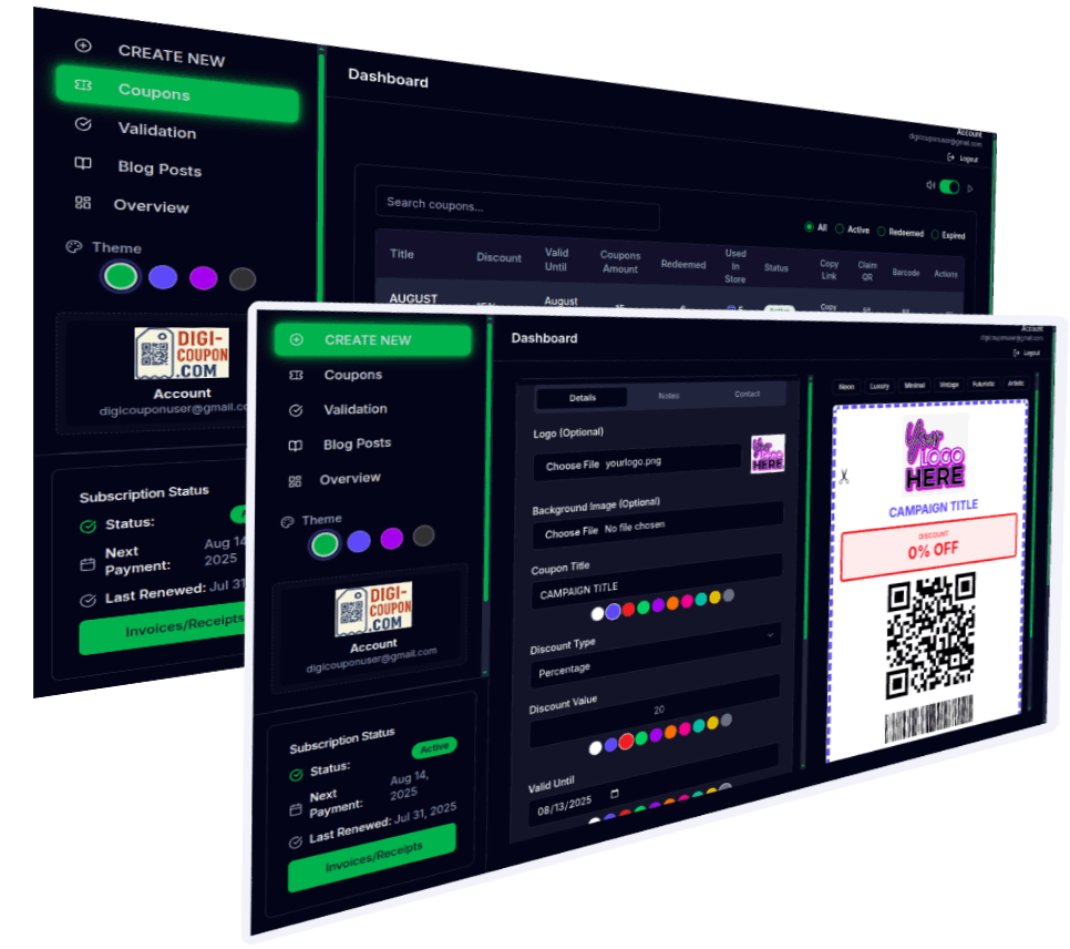 Digi-Coupon Dashboard Interface - Create and manage digital coupons with multiple screens