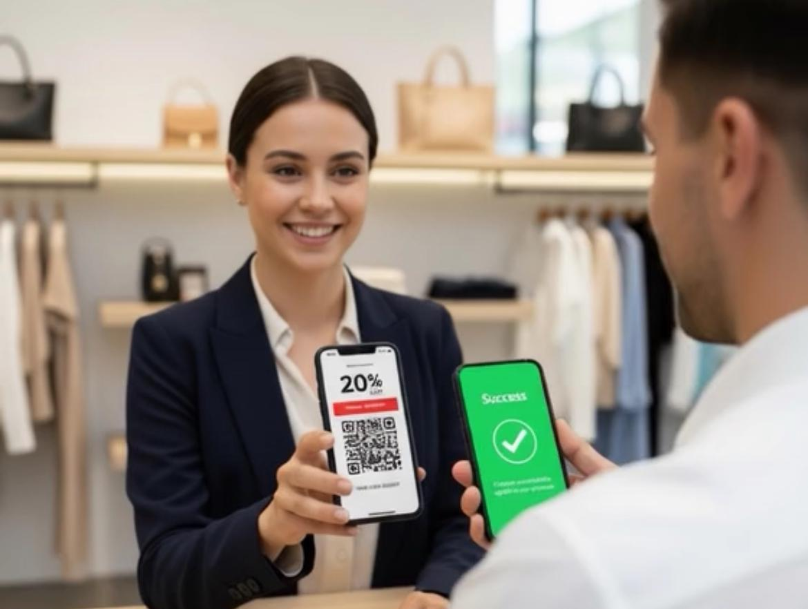 Business professional showing digital coupon and validation on mobile phones